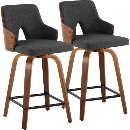 Stella 24" Swivel Counter Stool in Walnut Wood, Charcoal Fabric & Black Footrest (Set of 2)